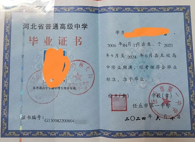 阿克苏任丘市第一中学高中毕业证样本图片